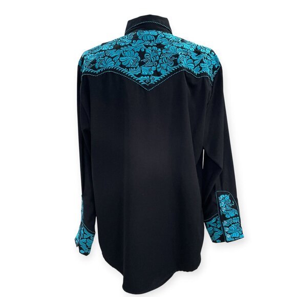 Scully Western Cowboy Shirt Black Turquoise Embroidered Rodeo Festival Country L - Picture 8 of 15